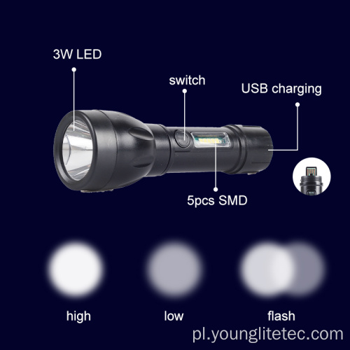 Plastikowa latarka LED 3W ukryta portu ładowania USB
